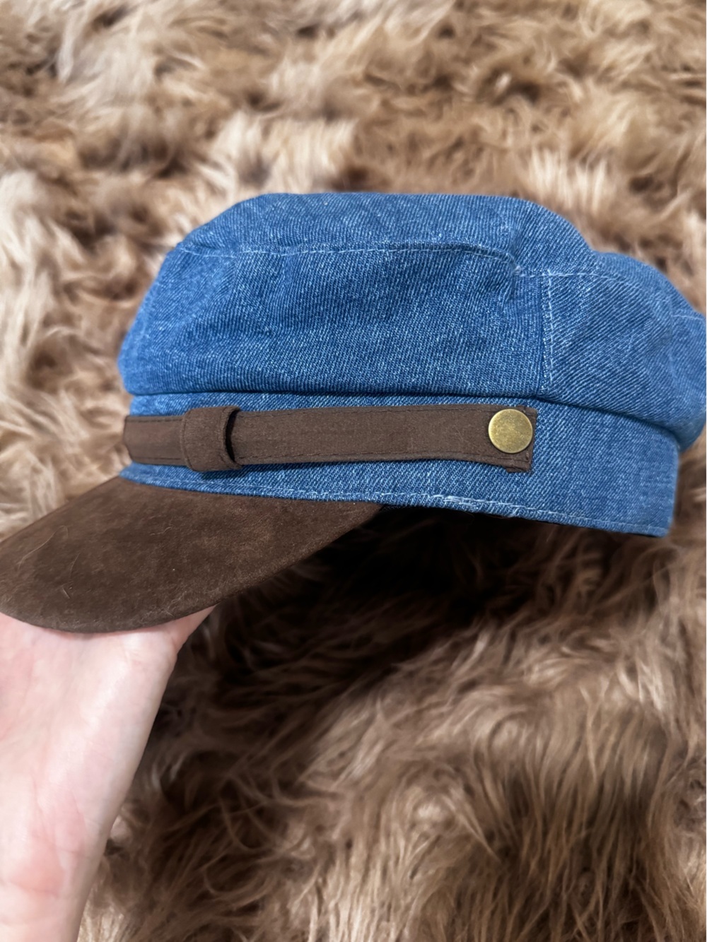 Denim hat brown faux suede brim cap adjustable strap gold detail